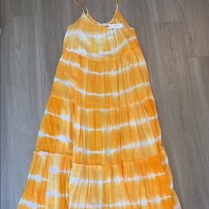 NWT ANTHROPOLOGIE AKAIV ORANGE TIE DYE TIER MIDI DRESS W TIE SLEEVE S